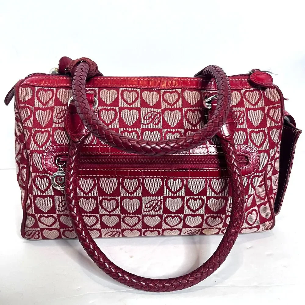 Brighton Red Heart Canvas & Croc Embossed Leather Vtg Satchel